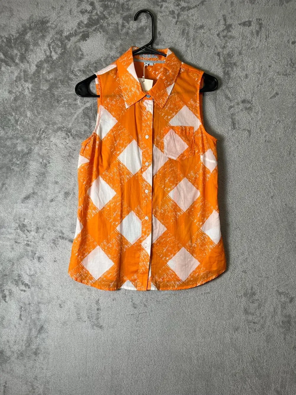 Boden Jaffa Painted Check Sleeveless Button Front Shirt Orange White Size‎ 6 New